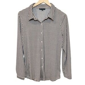 Adrianna Papell Blouse Womens Medium Tan Black Grid Check Button Down Career